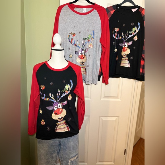 Raglan Red Sleeve Funny Reindeer Graphic Print Crew Neck T-shirt🦌 - Picture 3 of 11